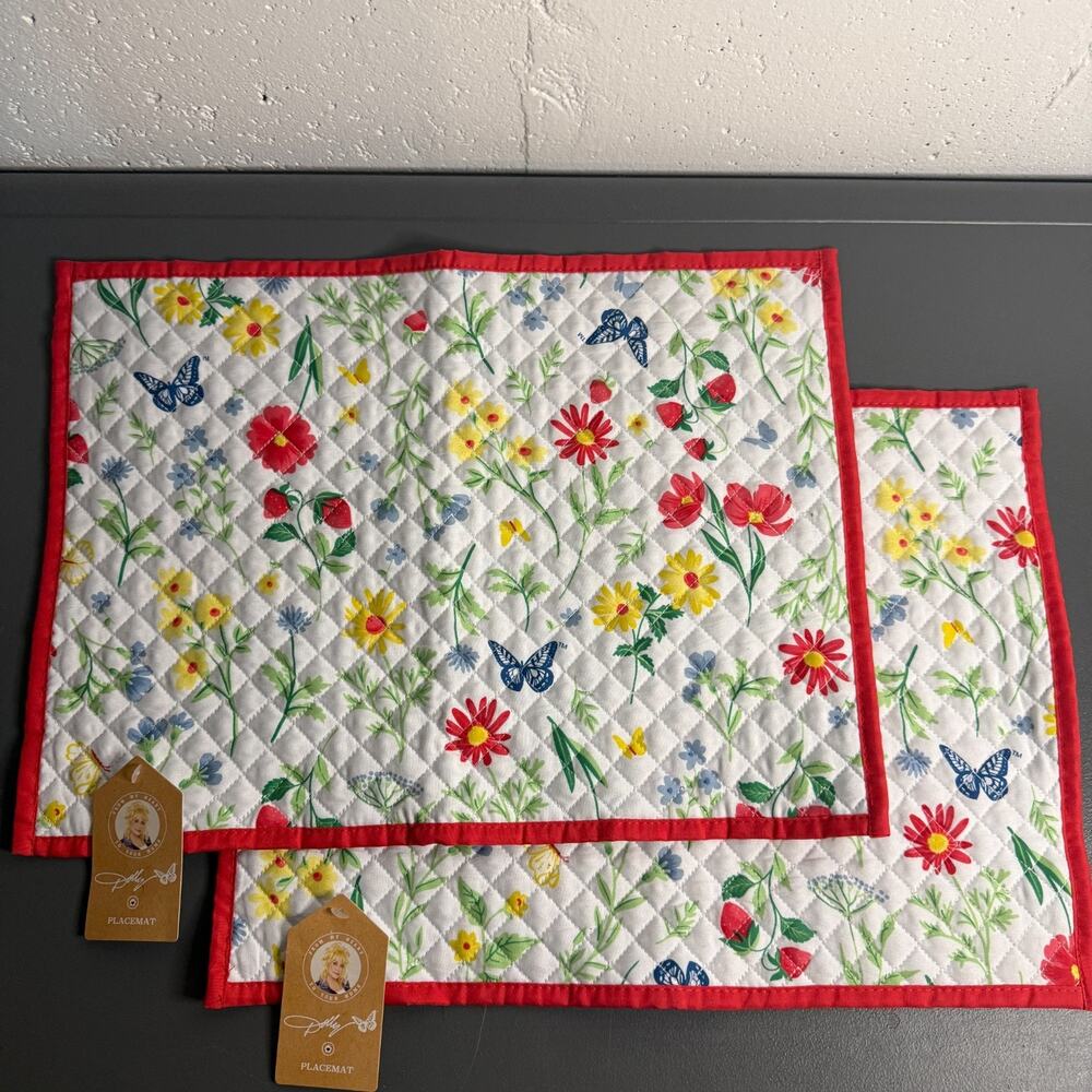 Dolly Parton Wildflower Placemats Quilted Reversible Butterfly 13x18” NWT 2 Ct.